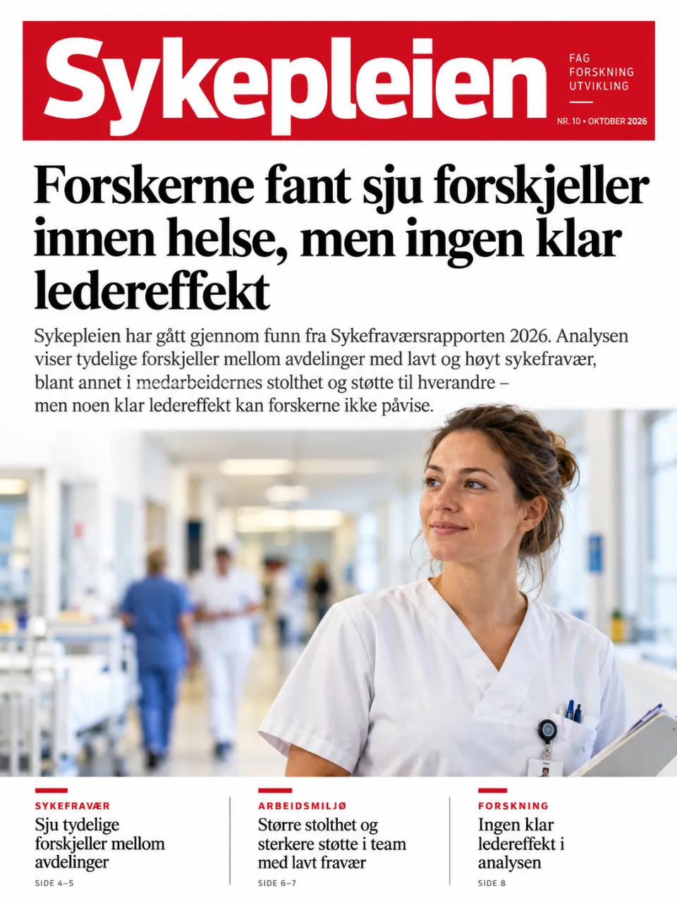 Sykepleier i hvit uniform går raskt gjennom en sykehuskorridor.